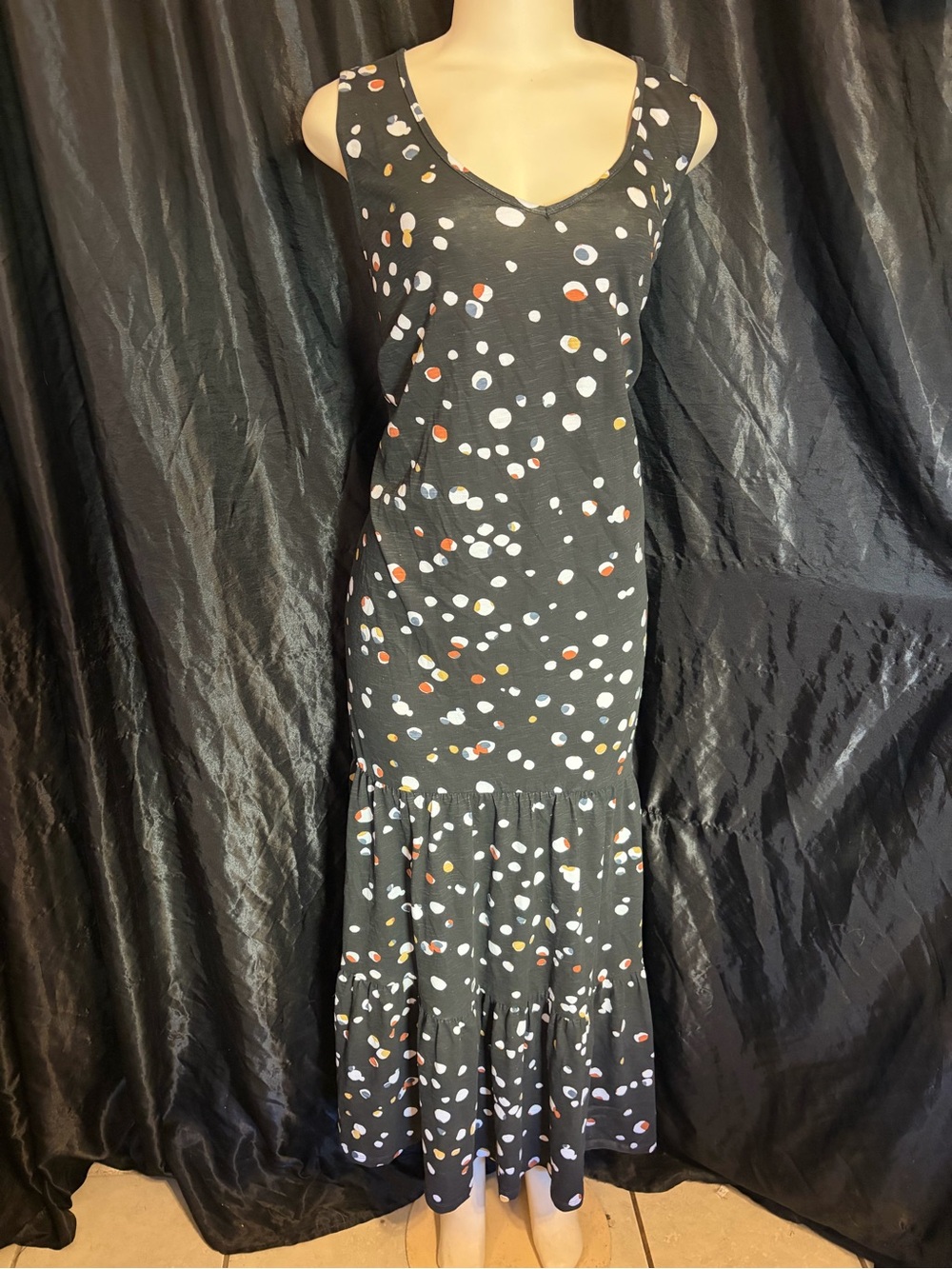 Avenue Black Sleeveless Maxi Dress with White, Orange & Tan Polka Dots